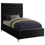 Meridian Furniture - Cruz Velvet Upholstered Bed, Black, Twin - Revamp your bedroom space with this sumptuously crafted Cruz twin bed from Meridian furniture. The star of the show here is the headboardits tufted with deep button tufts that not only keep its thick padding in place and aloft, but also add a modern, textural look to your space. Sleek black velvet upholstery feels luxuriously upscale to the touch, and the high headboard and the minimalist platform frame with metal feet add a timelessly contemporary silhouette to your space.