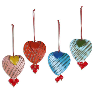 Novica Handmade Zigzag Hearts Wood Ornaments (Set Of 4)