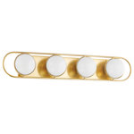 Mitzi - 4 Light Bath Sconce, Aged Brass - Opal glass spheres are held gem-like within a Polished Nickel or Aged Brass setting, bringing a modern jewelry aesthetic to the bath or powder room. The two-, three-, and four-light options are displayed within an elegant metal racetrack frame and can be mounted vertically or horizontally making them perfect solo above a mirror or in pairs alongside it.