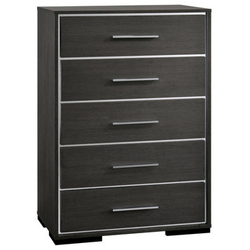 Contemporary Vertical Dresser, 5 Drawers With Chrome Trimmed Accents, Warm Gray