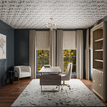 Sophisticated Home Workspace with Bold Ceiling Pattern