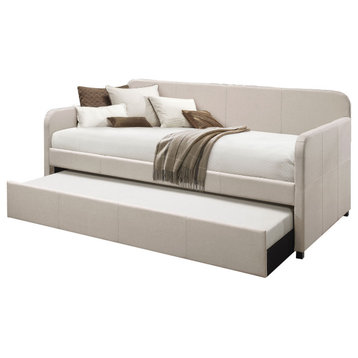 Fabric Upholstered Wooden Day Bed With Trundle And Panel Back, Beige