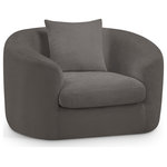 Meridian Furniture - Penelope Upholstered Chair, Grey, Chenille Fabric - Discover the sophisticated charm of the Penelope chair, crafted in luxurious soft grey chenille fabric. This elegant piece features a solid wood inner frame for durability and a contemporary design that elevates any space. Included pillows enhance its comfort and style, making it an ideal centerpiece for gatherings. Transform your home with the true embodiment of refined taste and timeless beauty.
