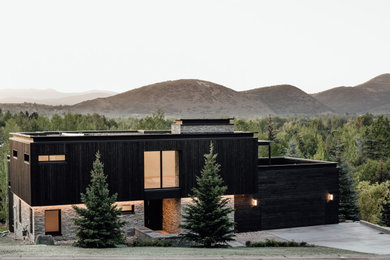 Design ideas for a large midcentury two-storey black house exterior with wood siding and a flat roof.