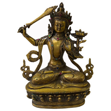 Chinese Distressed Marks Bronze Color Metal Sitting Tibetan Tara Statue