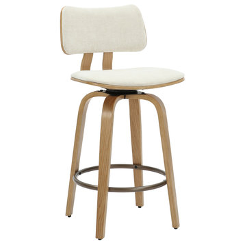 Mid-Century Fabric and Wood 26" Counter Stool With Swivel, Beige/Natural