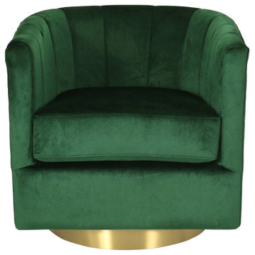 Blairmont Modern Glam Channel Stitch Velvet Swivel Club Chair, Emerald + Copper