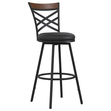 Set of 3 Bar Stool, Adjustable Faux Leather Seat With Double Crossed Back, Black