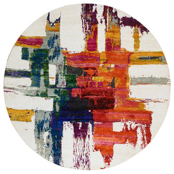 Colorful Hand Knotted Modern Abstract Motifs Wool and Silk Round Rug 7'10"x7'10"