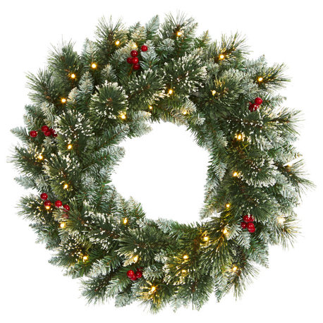 24" Frosted Swiss Pine Artificial Wreath With 35 Clear LED Lights and Berries