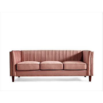 Modern 3 Seater Sofa, Velvet Seat & Vertical Channel Tufted Backrest, Rose