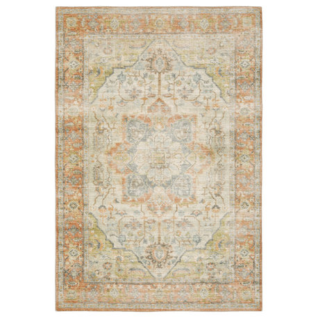 Sanjay Vintage Traditional Medallion Orange/Blue Microfiber Area Rug, 5'3"x7'3"