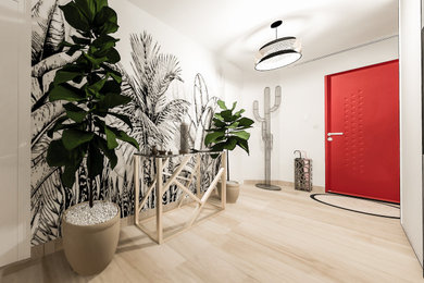 Exemple d'une entrée chic de taille moyenne avec un couloir, un mur blanc et parquet clair.