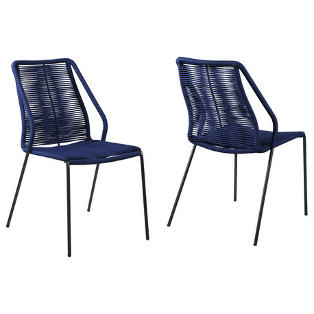 Clip Indoor Outdoor Stackable Steel Dining Chair With Blue Rope, Set of 2