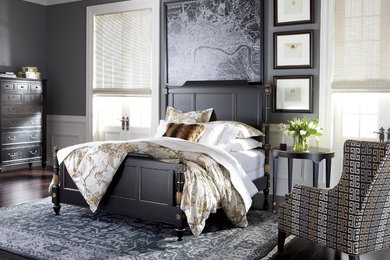 Large transitional master dark wood floor bedroom photo in Columbus with gray walls