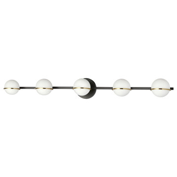 5 Light Halogen Vanity, Matte Black/Aged Brass