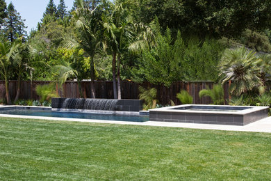 This is an example of a large contemporary full sun backyard wood fence landscaping in San Francisco with a pergola.