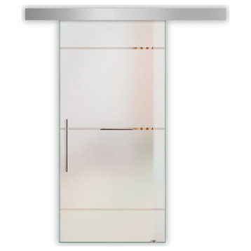Modern Glass Sliding Barn Door with various Frosted Lines Designs, 36"x81", T-Handle Bars