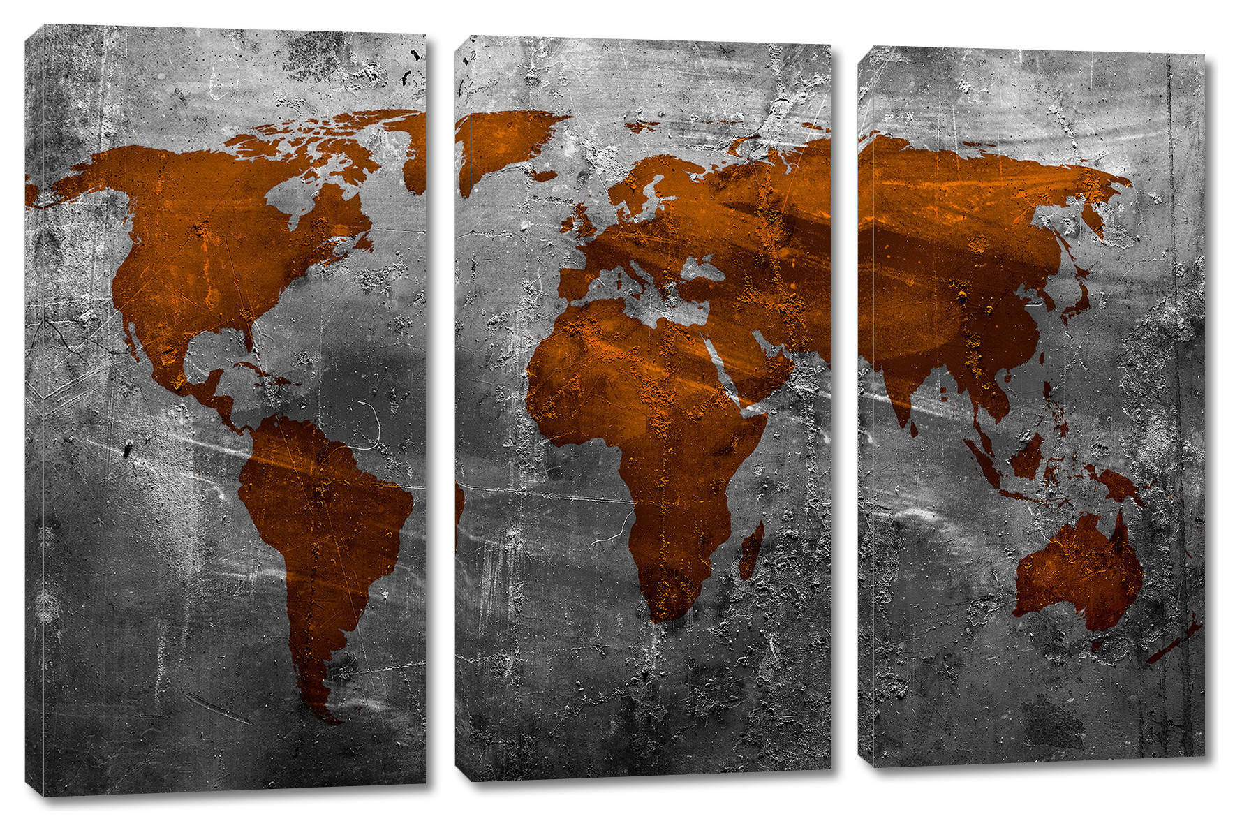 Abstract Russet World Map Canvas Print 3 Panel Split, Triptych Wall Art ...
