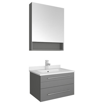Lucera Wall Hung Undermount Sink Vanity With Medicine Cabinet, Gray, 24"