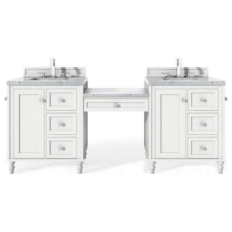 Copper Cove Encore 86" Double Vanity Set, Bright White, Makeup Table, Marble Top