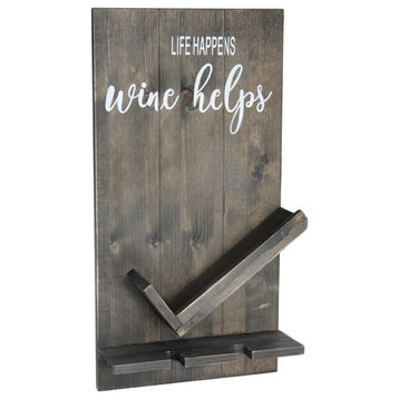 Lucca Wall Mounted Wooden Wine Bottle Shelf With Glass Holder, Rustic Gray