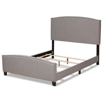 Queen Platform Bed, Transitional Design With Nailheaded Panel Headboard, Gray