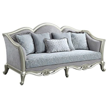Classic Sofa, Elegant Champagne Frame With Light Gray Paisley Seat & 5 Pillows