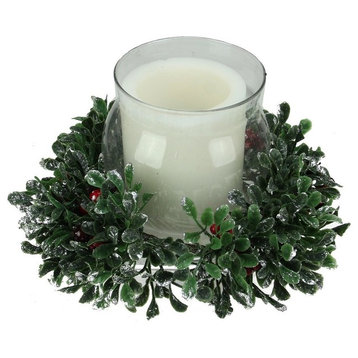 11" Boxwood and Berry Silver Tipped Christmas Hurricane Pillar Candle Holder