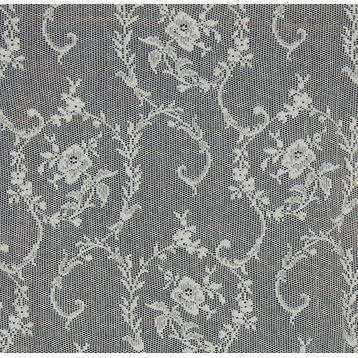 Rose Scroll Nottingham Lace Curtain Fabric Creme, Standard Cut