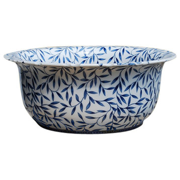 Blue and White Porcelain Bamboo Leaf Motif Bowl 16"