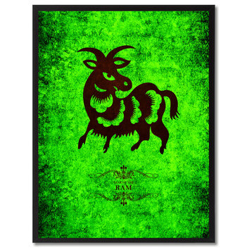 Ram Chinese Zodiac Green Print on Canvas with Picture Frame, 13"x17"