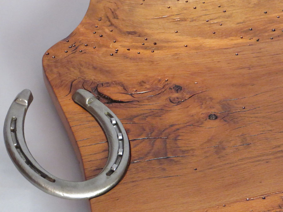 Tray #18015-DETAIL Reclaimed Beech, Live Edges, Horse Shoe Handles