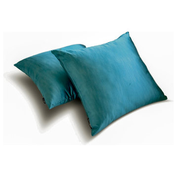 Turquoise Satin Solid Set of 2, 16"x16" Throw Pillow Cover- Turquoise Slub Satin