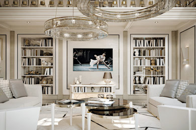 Immagine di un grande soggiorno contemporaneo con pareti beige, pavimento in marmo, pavimento marrone e boiserie
