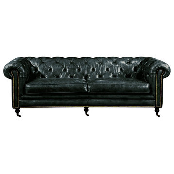 87 Inch Sofa Onyx Black Leather Black Retro