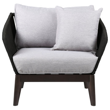 Athos Outdoor Chair, Dark Eucalyptus Wood With Latte Rope and Gray Cushions