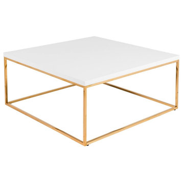 Contemporary Coffee Table, Gold Metal Base With Square Wooden Top, White