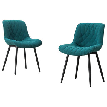 Set of 2 Dining Chair, Sleek Legs With Diamond Stitched Boucle Seat, Pine Green