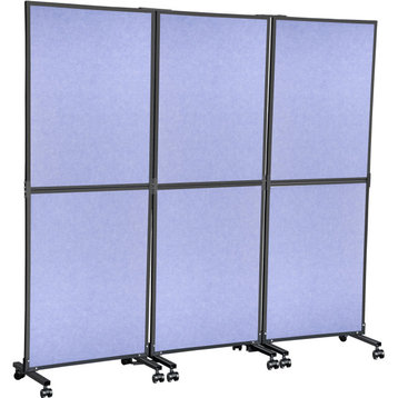 Modern Room Divider, Metal Frame With Wheels & Polyester Panels, Steel Blue