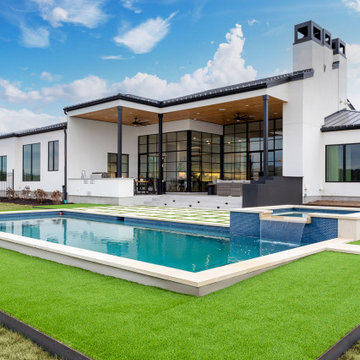 Backyard Artificial Grass and Pavers around Swimming Pool