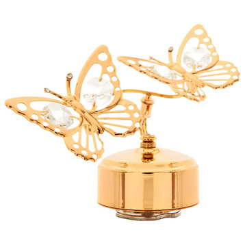 24K Gold Plated Music Box With Crystal Studded Double Butterfly Figurine