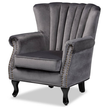 Classic Traditional Grey Velvet Fabric Upholstered Dark Brown Wood Armchair