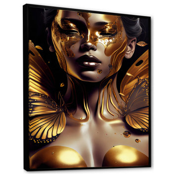 Woman With Black And Gold Butterflies III Framed Canvas, 16x32, Black