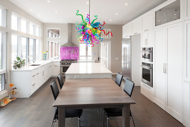 Transitional dark wood floor kitchen photo in Cleveland with recessed-panel cabinets, white cabinets, quartz countertops and stainless steel appliances