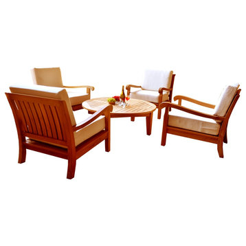 Teak Outdoor 4 Sofa Chair, Round Coffee Table and Canvas Black Sunbrella Cushion