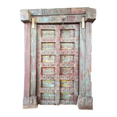 Consigned Antique Indian Door Burnt Red Teals Carved Double Doors Solid TeakDoor