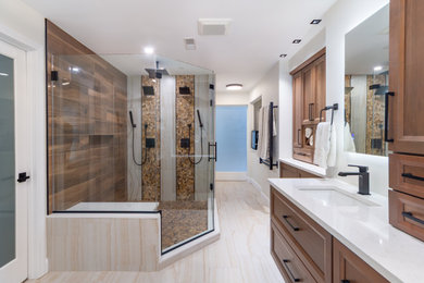 Large single-sink wet room photo in Manchester with recessed-panel cabinets, white walls, a trough sink, quartz countertops, a hinged shower door and a floating vanity