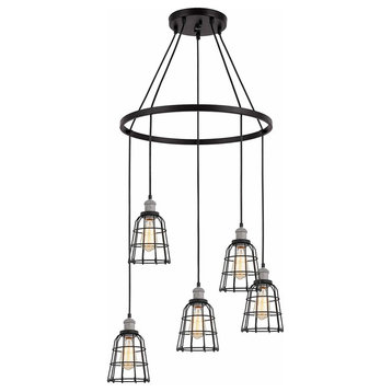 Industrial Pendant Chandelier, Metal Structure With Black Finish, Cage Shades