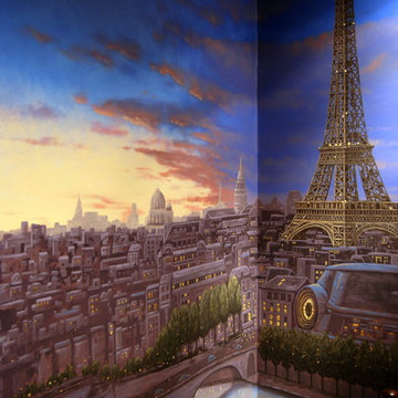 Paris Panorama 360 degree Mural hand painted throughout a 17 foot stairway